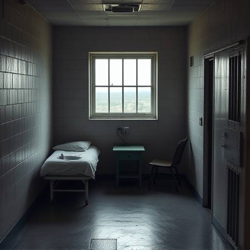 Celda de mínima seguridad con una cama, una mesa, y una ventana con vista al exterior.