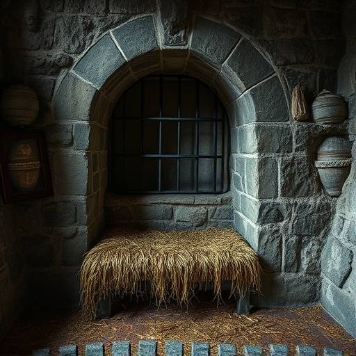 Celda penitenciaria antigua con muros de piedra, una pequeña ventana enrejada y una cama de paja.