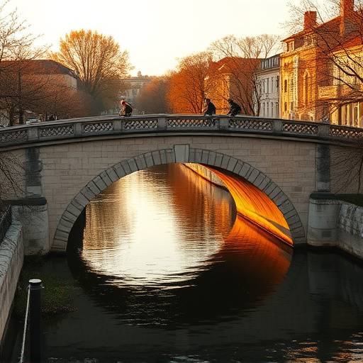 Photo d'un pont en pierre traversant le Canal du Midi, avec des cyclistes le traversant.