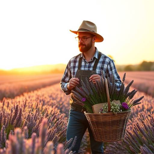 Photo de Lieu 2: Un producteur de lavande inspectant ses champs, avec un panier rempli de fleurs fraîchement coupées.