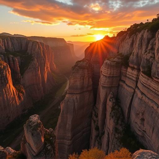 Photo de Lieu 7: Paysage des Gorges du Verdon au coucher du soleil, avec des couleurs chaudes illuminant les roches.