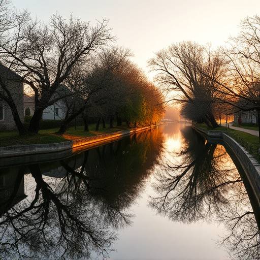 Photo du Canal du Midi avec des arbres centenaires se reflétant dans l'eau calme.