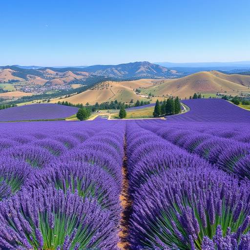 Vue panoramique sur les champs de lavande en Provence, avec un ciel bleu azur et des collines ondulantes.
